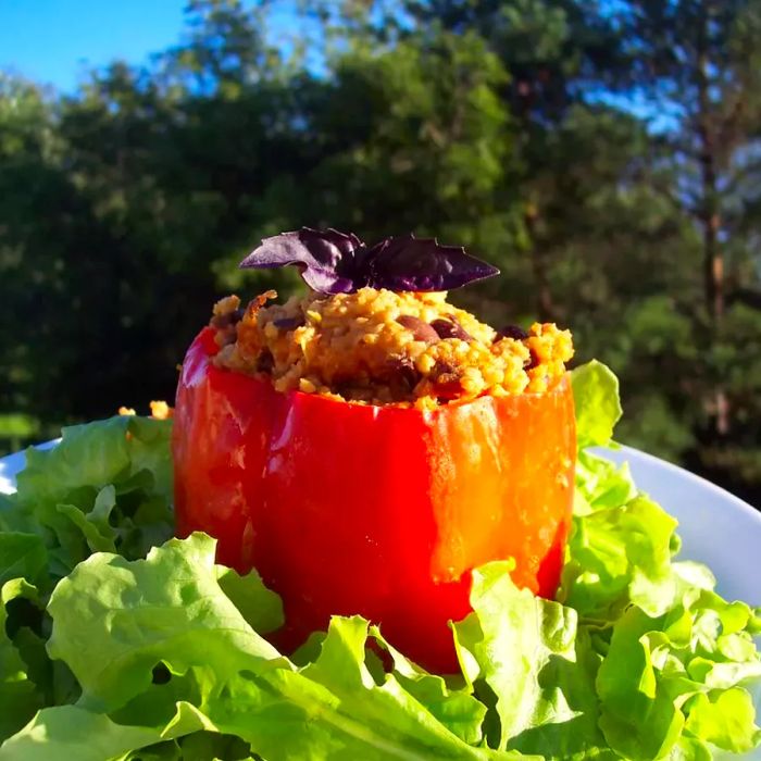 Millet-Stuffed Peppers on a bed of lettuce