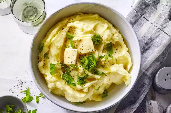 A top-down view of a bowl of creamy mashed potatoes, garnished with fresh herbs and a dollop of melting butter