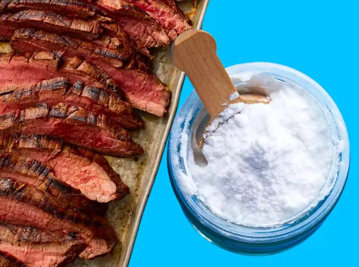 A flank steak sliced into strips next to a jar of baking soda