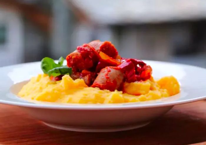 Sausage and Peppers on Creamy Parmesan Polenta