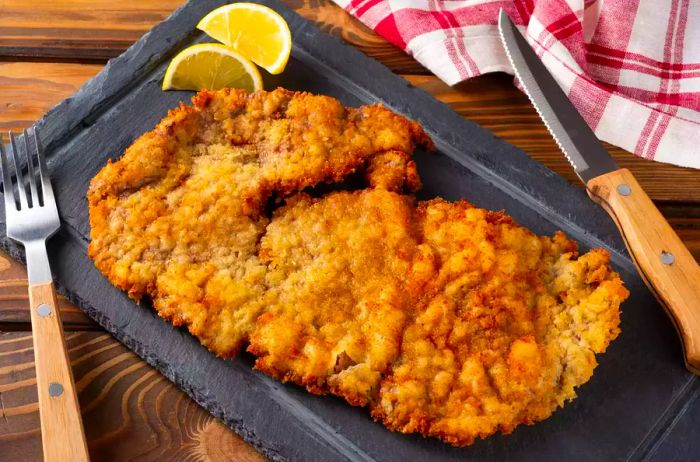 A plate of schnitzel garnished with lemon slices