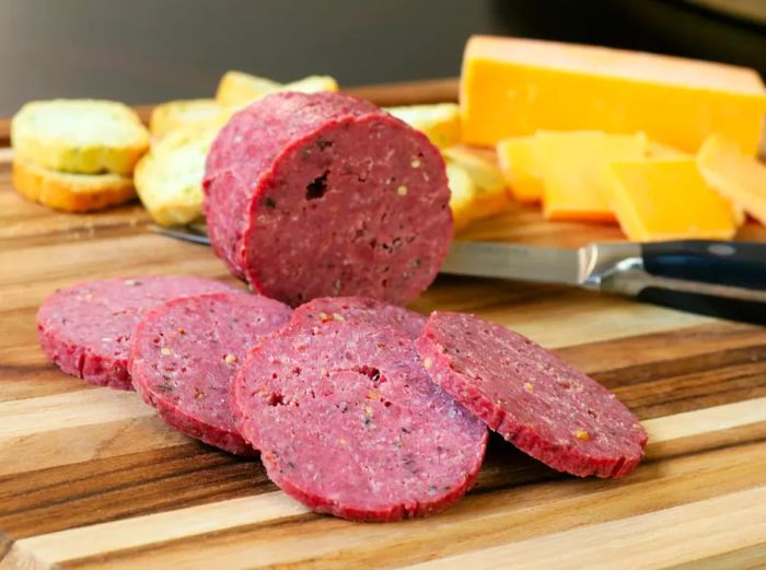 Close-up of sliced Homemade Salami on a wooden board with toasted bread, cheese, and a knife