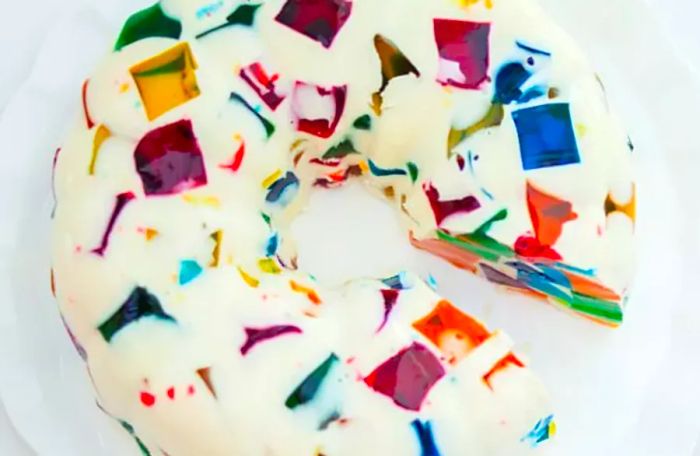 Stained glass Jell-O cake made in a bundt pan