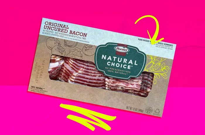 A pack of Hormel Natural Choice bacon on a pink background