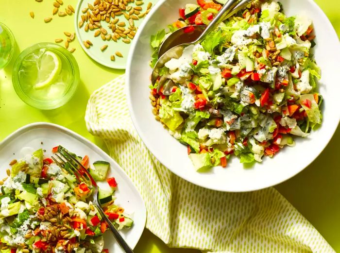 overhead view of two vibrant salad plates