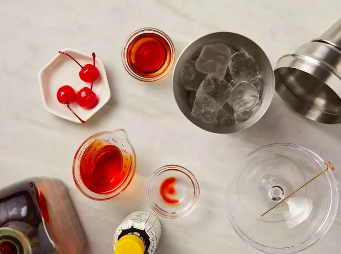 All ingredients ready for making a Manhattan cocktail.