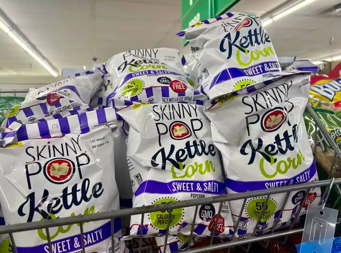 Bags of Skinny Pop Kettle Corn on display at Dollar Tree