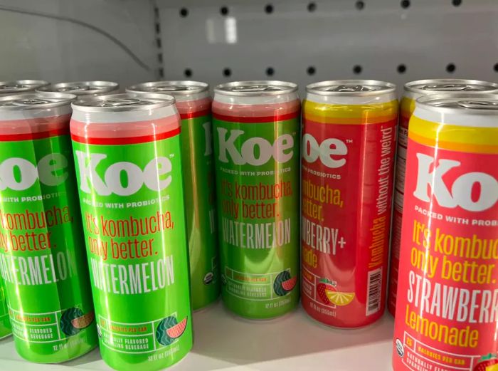 Cans of Koe kombucha at Dollar Tree