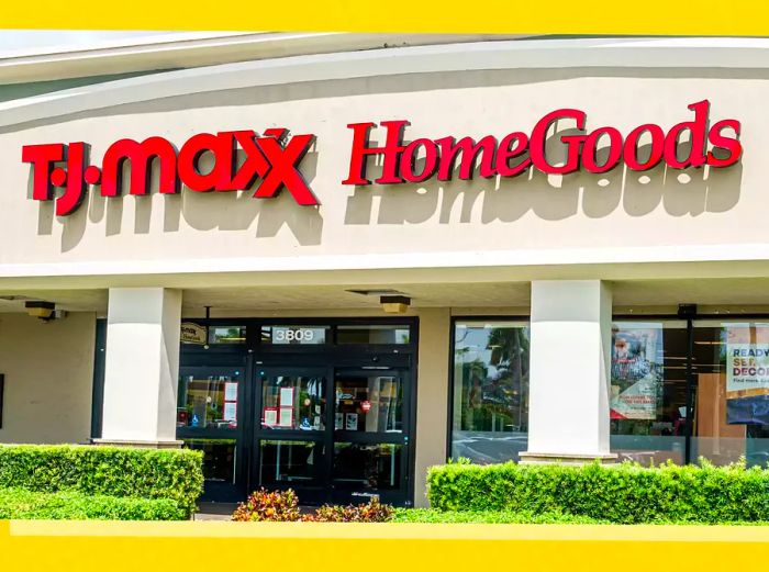 The TJ Maxx and Homegoods storefront with a vibrant yellow background