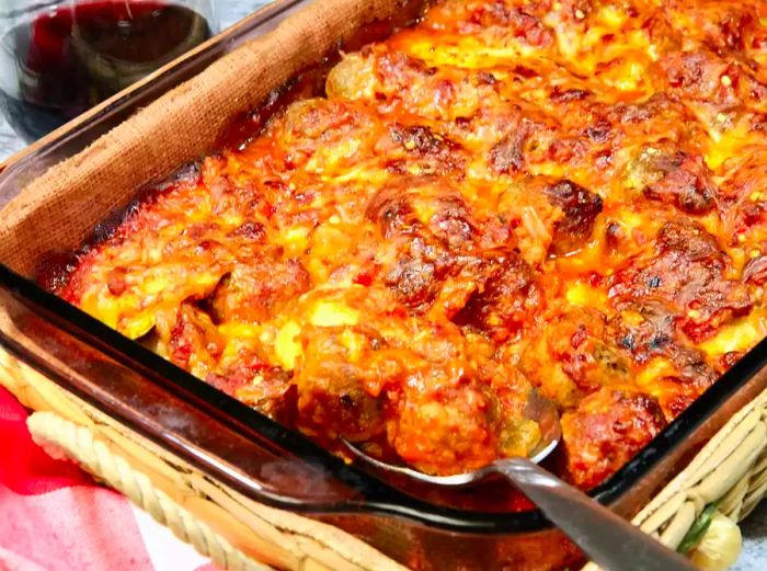 Close-up of a meatball and ravioli casserole