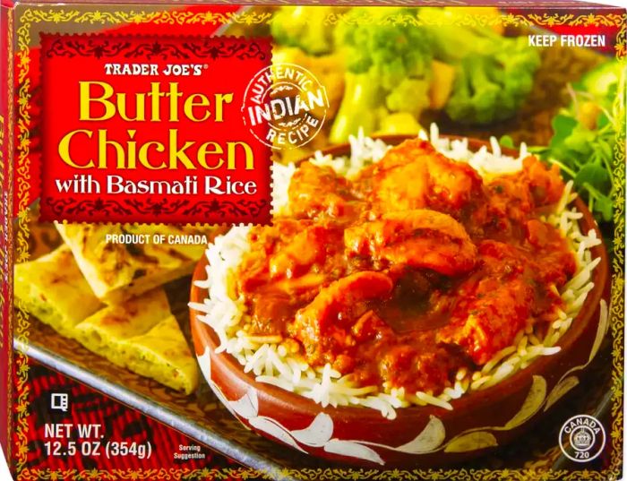 Package of Trader Joe's butter chicken with basmati rice