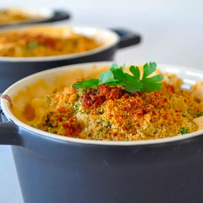 Home-Style Macaroni and Cheese served in a blue bowl