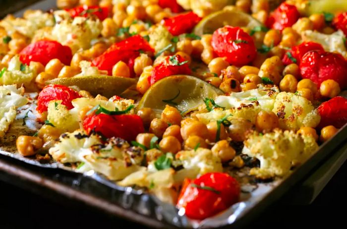 Sheet Pan Roasted Cauliflower, Tomatoes, and Garbanzo Beans – A simple vegan dish