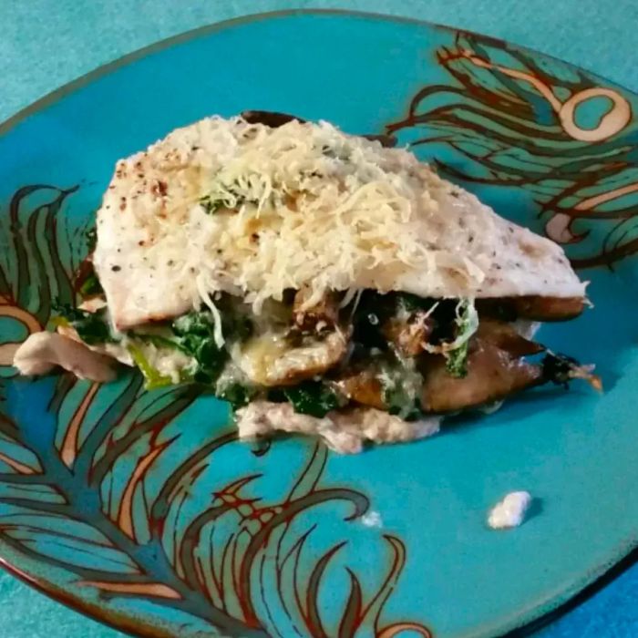 Spinach-Stuffed Flounder with Mushrooms and Feta Cheese