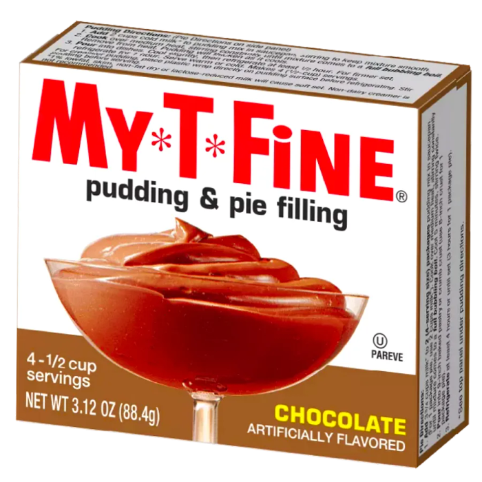 A box of My*T*Fine Chocolate Pudding & Pie Filling Mix