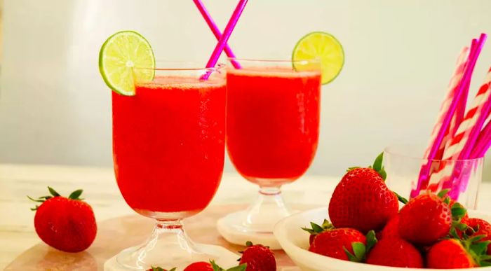 Two strawberry daiquiris with pink straws and lime wedges, surrounded by fresh, juicy strawberries.