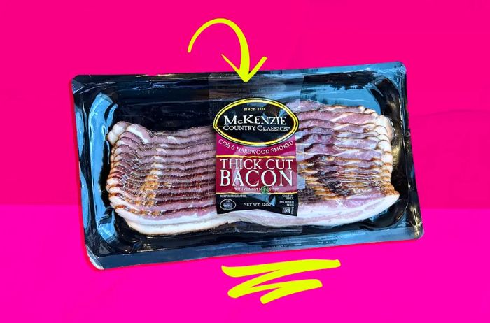 A pack of McKenzie bacon set against a pink background