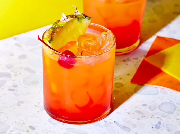 A high-angle view of two glasses filled with pineapple upside-down cake cocktails