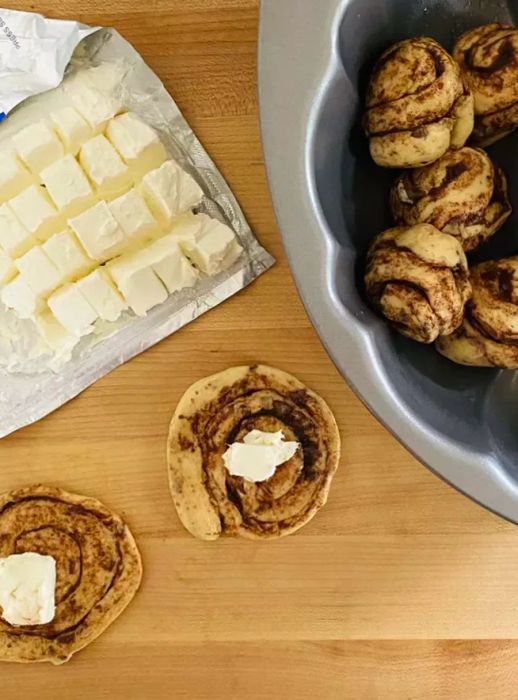 canned cinnamon roll dough stuffed with cream cheese, transformed into monkey bread.