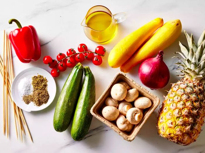 ingredients prepared for grilled vegetable skewers