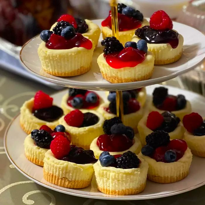 These mini cheesecakes are topped with a delightful mix of fresh raspberries, blackberries, blueberries, and cherry pie filling, presented on a beautiful tiered dessert stand.