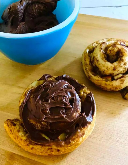 canned cinnamon roll dough topped with rich homemade chocolate glaze