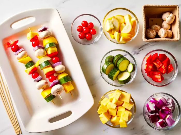 vegetables arranged on skewers