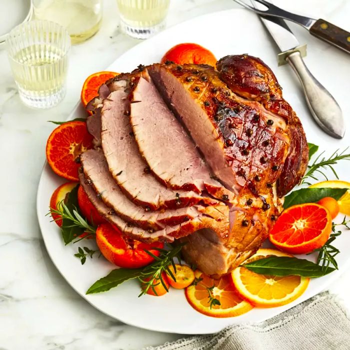 A beautiful orange-glazed Easter ham, sliced and served on a platter, garnished with fresh oranges.