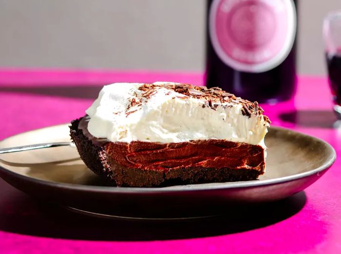 Close-up of a decadent chocolate red wine pie