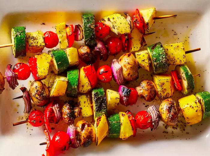 viewing a plate of grilled vegetable skewers