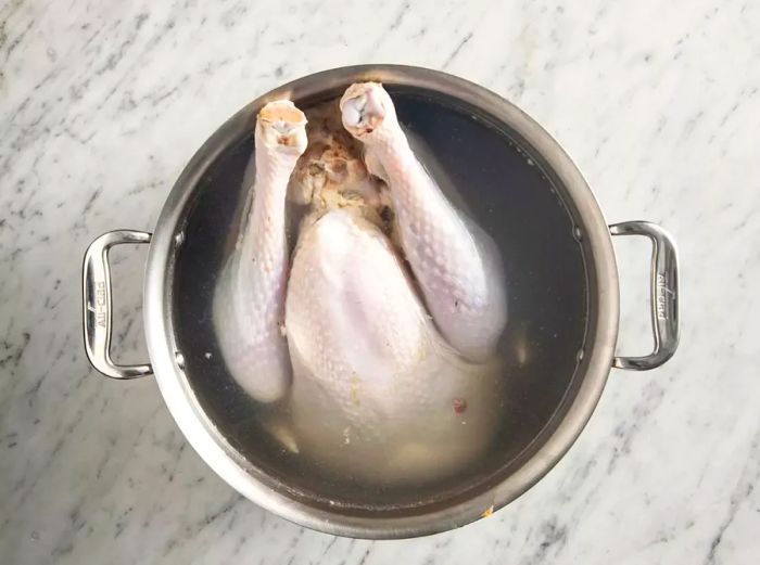 top view of turkey in pot of water