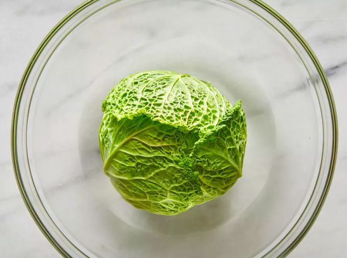 A top-down view of a cabbage resting in a bowl.