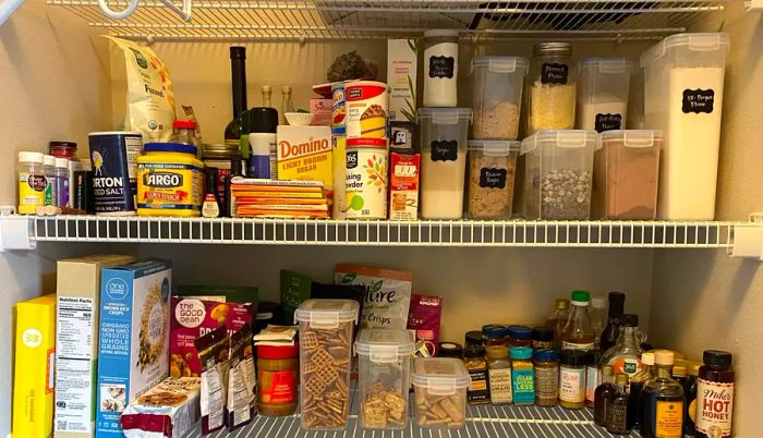 A photo of neatly organized pantry shelves stacked with ingredients