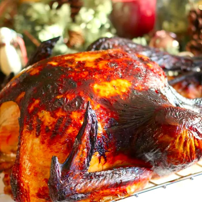 A cooked whole turkey on a rack