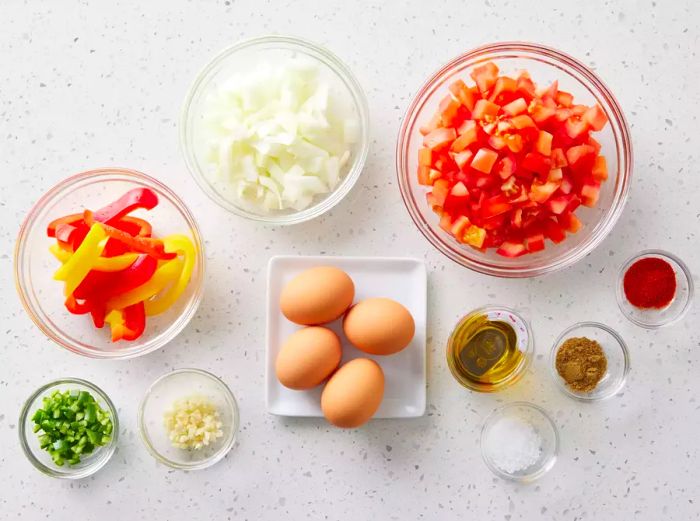 Ingredients arranged in glass bowls