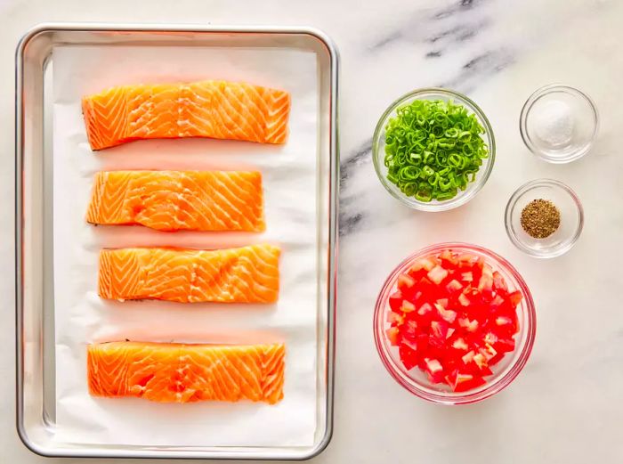 All ingredients are ready to prepare the perfect salmon bake.