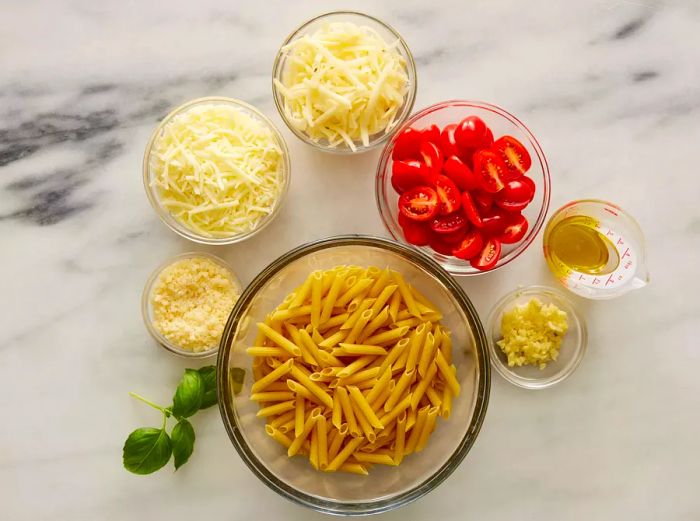 Ingredients for preparing Tomato Basil Penne Pasta