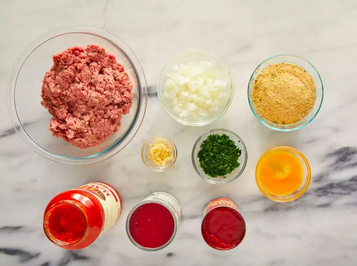 Aerial view of ingredients measured and ready to make meatballs