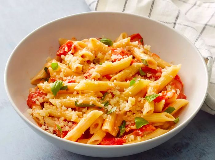 A bowl of tomato basil penne pasta, garnished with a sprinkle of Parmesan cheese