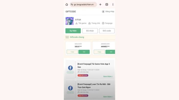 Hướng dẫn nhập mã code Làng Cá Đại Chiến - Bước 2