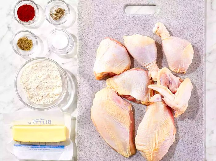 Ingredients prepped for a simple Shake and Bake chicken dish