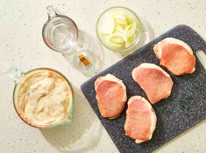 All ingredients are now ready to prepare the baked pork chops with creamy mushroom soup.