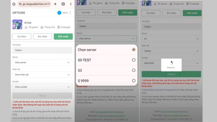 Hướng dẫn nhập mã code Làng Cá Đại Chiến - Bước 3