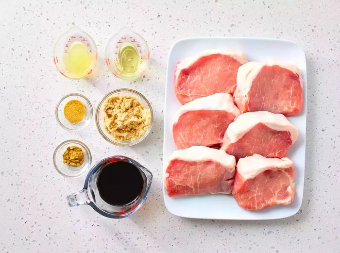 Ingredients for Chinese Pork Chops laid out on a countertop