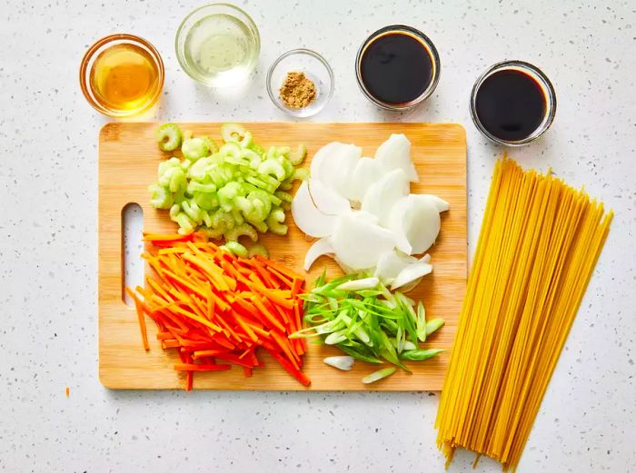 all ingredients ready for making lo mein noodles