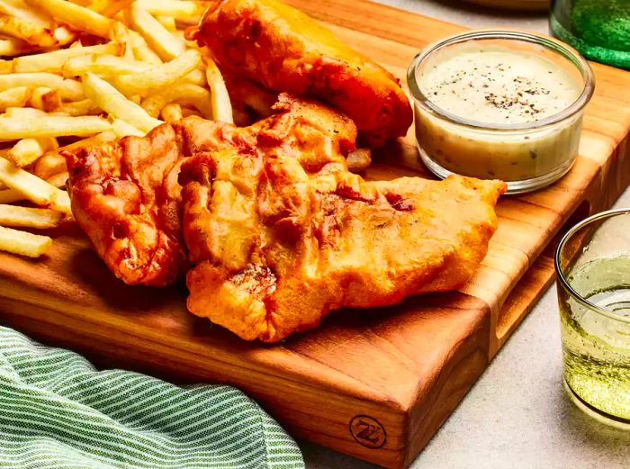 A wooden serving board with traditional fish and chips, accompanied by a small dish of tartar sauce