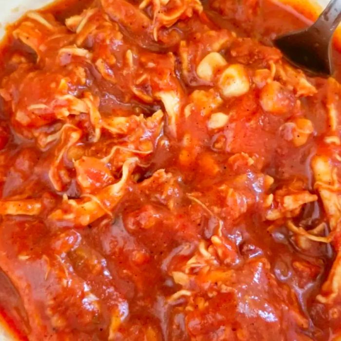 Close-up shot of Salsa Chicken Burrito Filling served in a bowl with a spoon