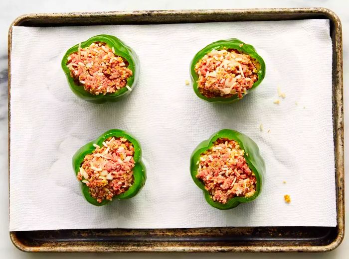 A baking sheet lined with paper towels holding four green bell peppers stuffed with a beef and rice filling.