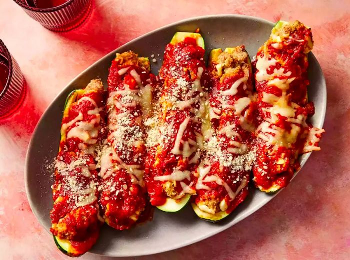 Stuffed zucchini served on a sleek gray platter