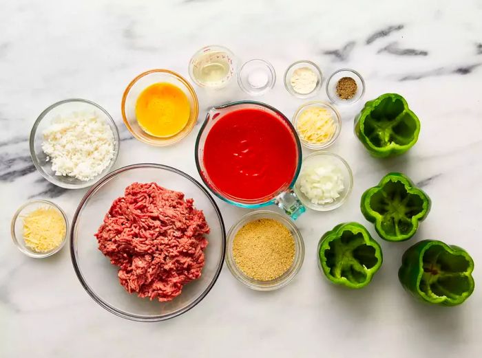 Ingredients for making classic stuffed bell peppers